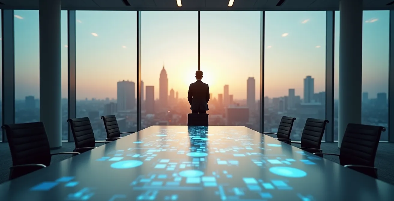 Geschäftsführer analysiert Kostenstruktur zwischen Direktvertrieb und Händlernetzwerk auf abstrakten Diagrammen