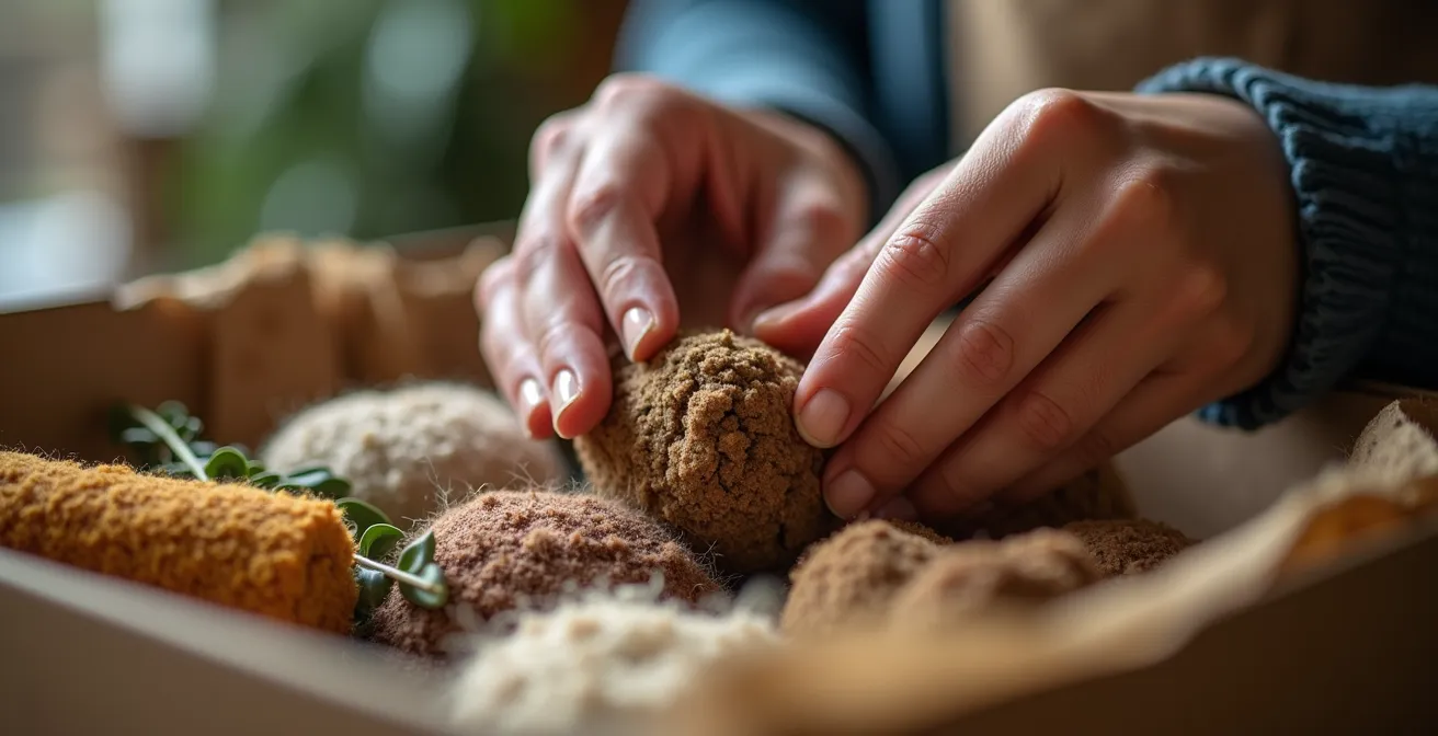 Nahaufnahme von Händen beim Verpacken exklusiver Abo-Box-Produkte mit hochwertigen Materialien