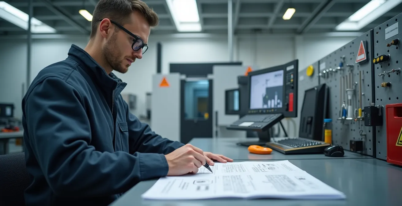 Auszubildender recherchiert Sicherheitsdatenblätter in einer deutschen Werkstatt