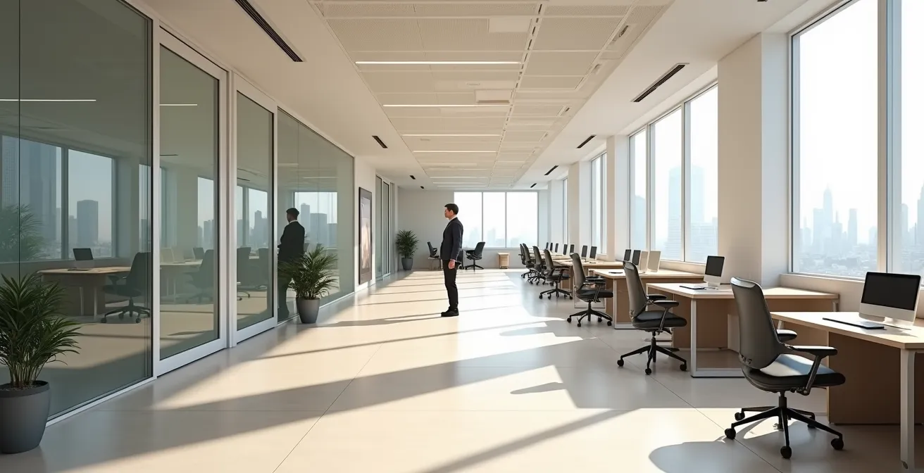 Moderner barrierefreier Arbeitsplatz mit ergonomischen Hilfsmitteln und digitalen Zugangslösungen