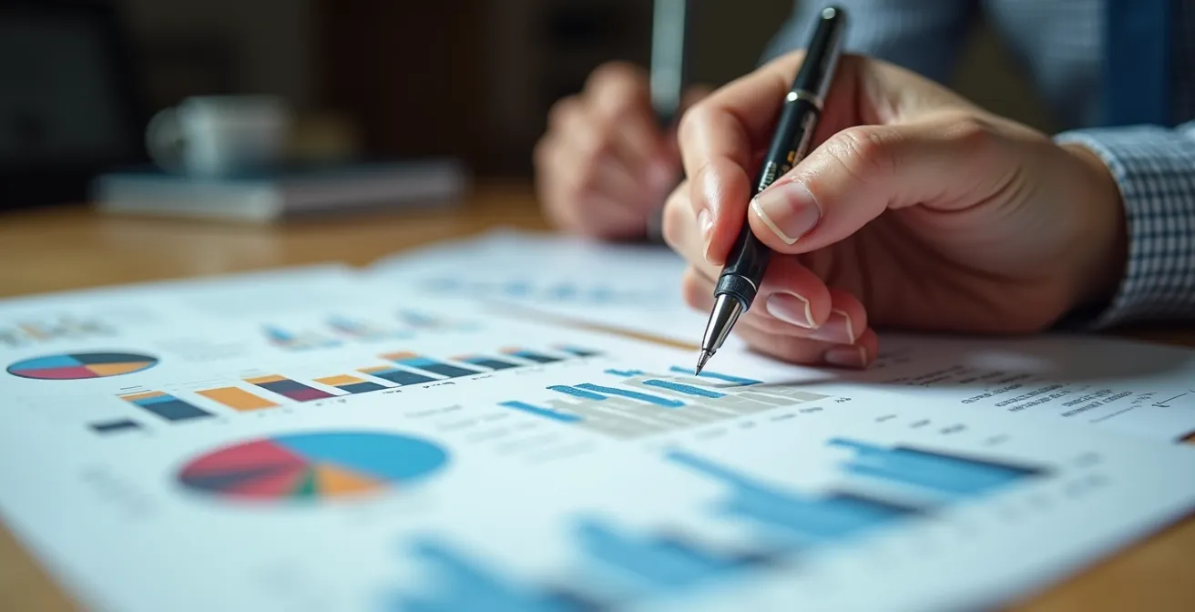 Nahaufnahme von Händen, die Compliance-Dokumente mit einem Stift prüfen