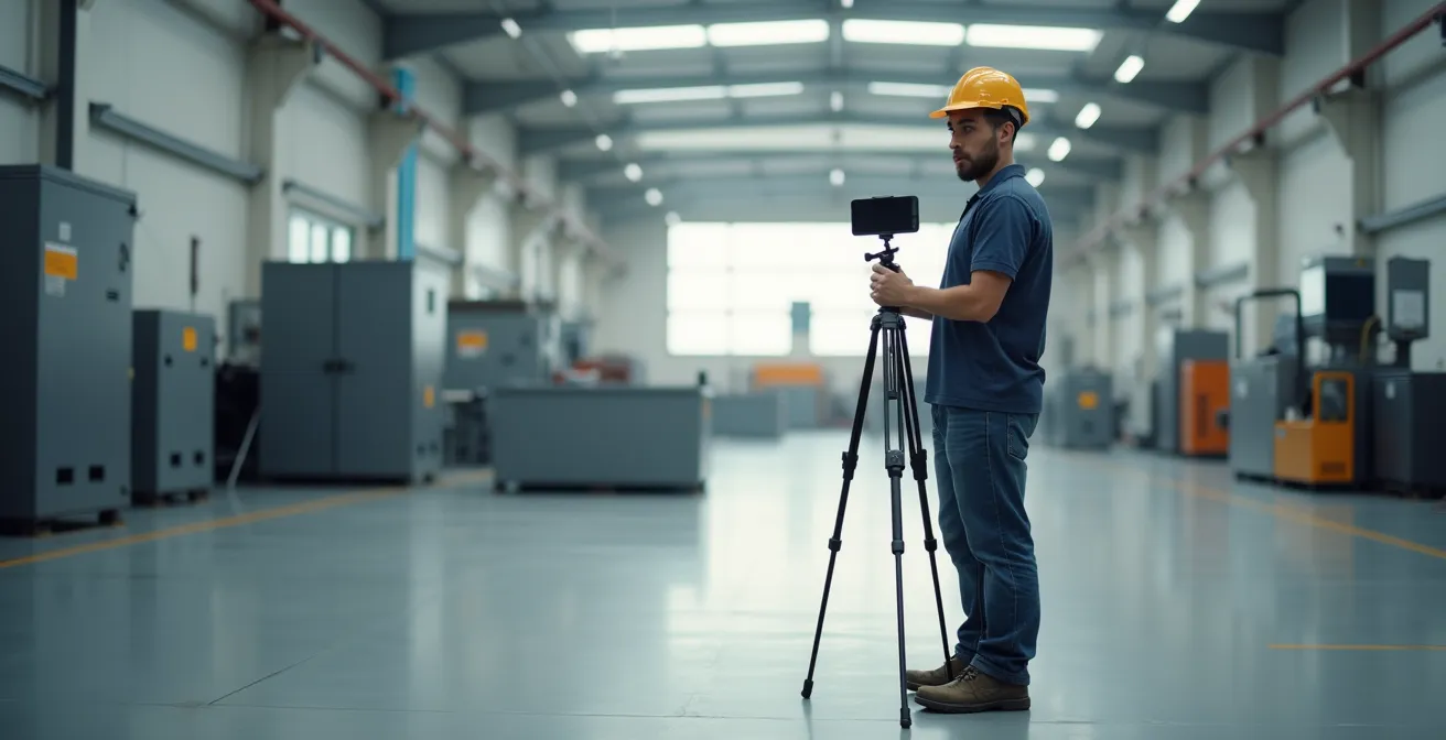 Echter Azubi als Corporate Influencer bei der Arbeit mit Smartphone