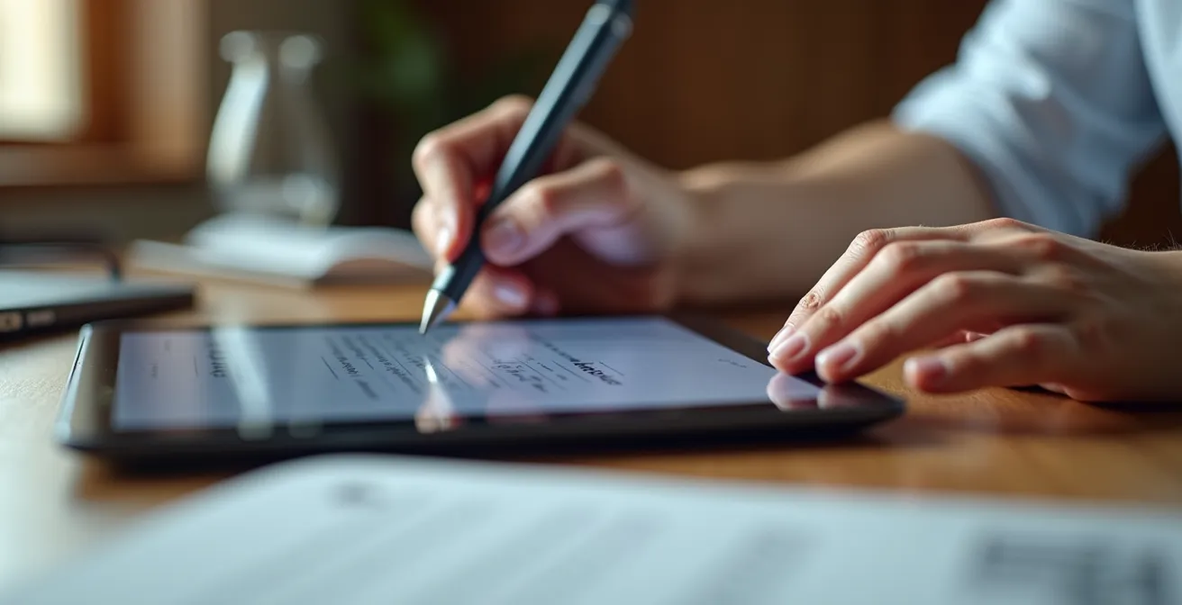 Geschäftsperson unterzeichnet digital ein Dokument auf einem Tablet mit Stift