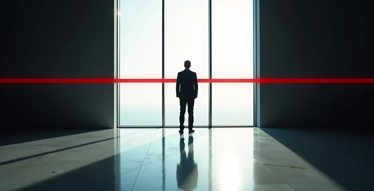 Führungskraft in ruhiger, bestimmter Haltung während schwieriger Mitarbeiterdiskussion