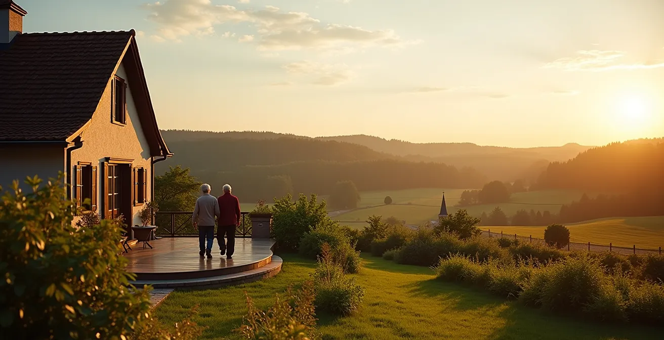 Älteres Paar vor eigenem Haus im ländlichen Deutschland