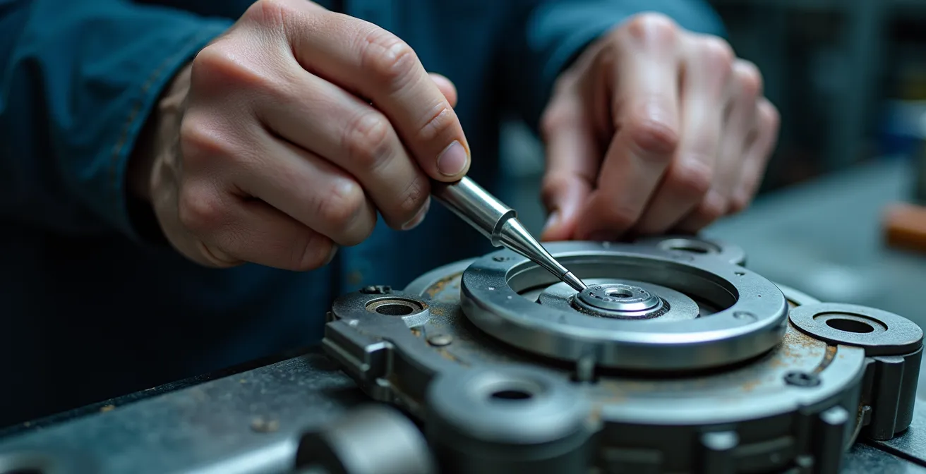 Balance zwischen akademischer Forschung und praktischer Umsetzung, symbolisiert durch Hände, die mit Präzisionswerkzeugen an einer Maschine arbeiten.