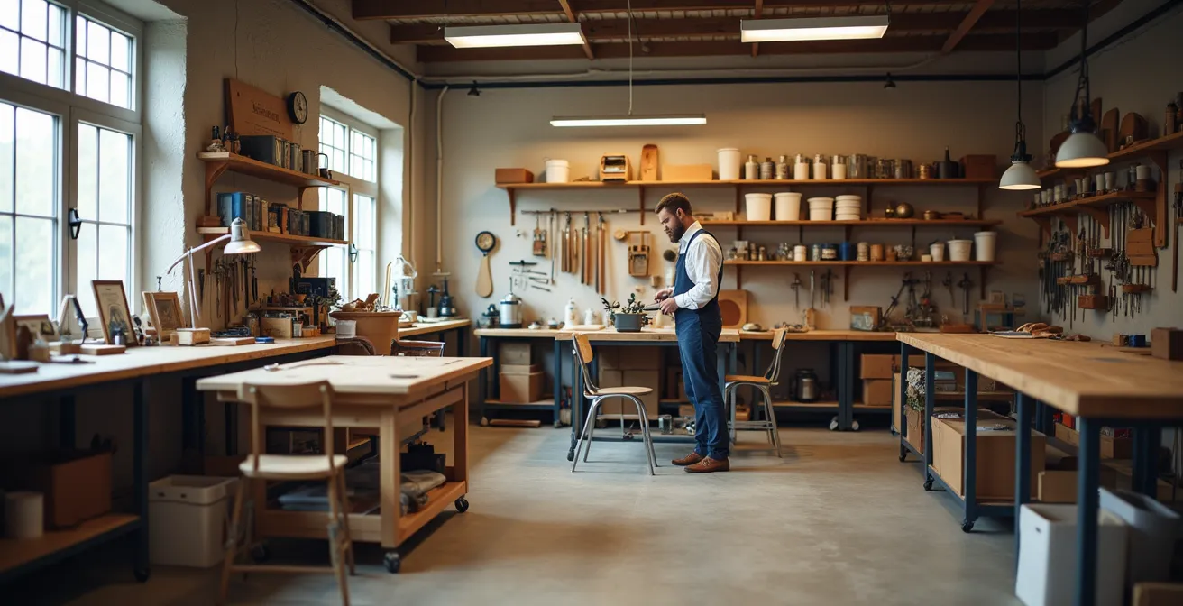 Handwerksmeister in seiner Werkstatt mit traditionellen Werkzeugen und hochwertigen Materialien