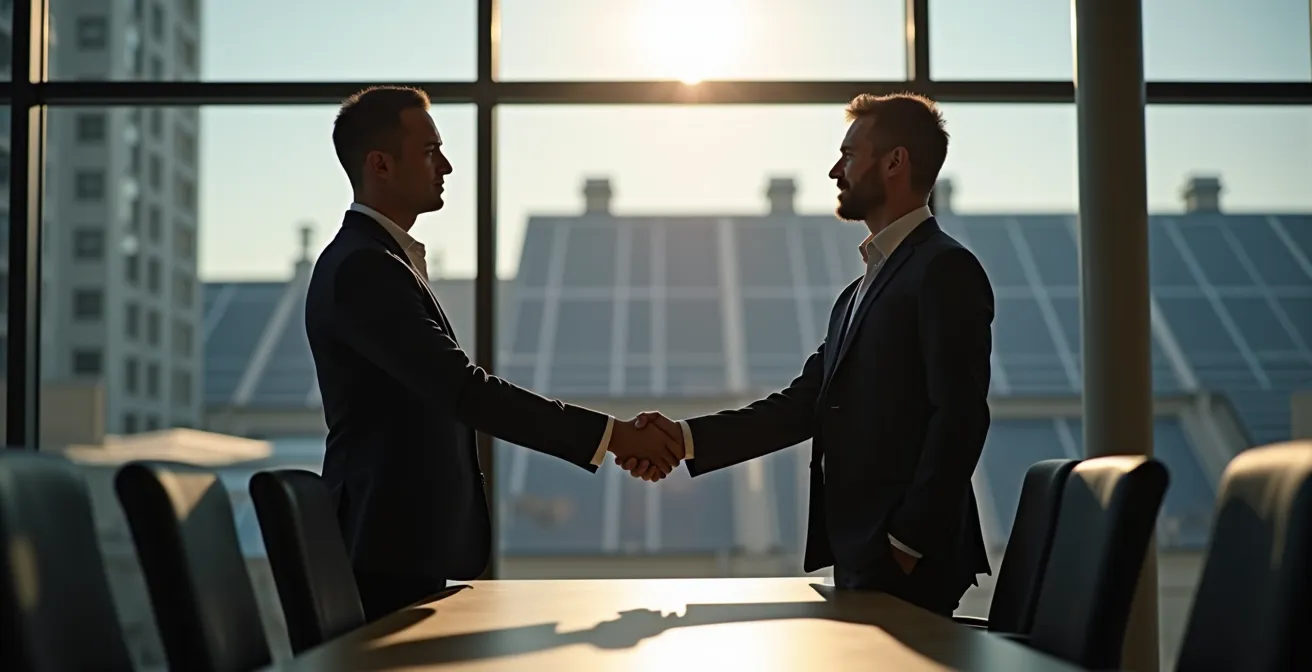 Geschäftsvereinbarung für gewerblichen Mieterstrom mit Solaranlage im Hintergrund