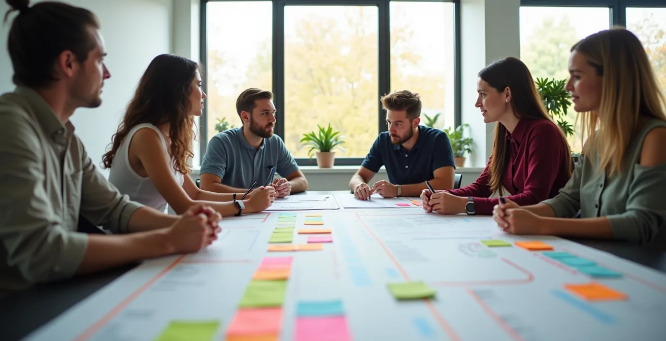 Team plant gemeinsam einen sozialen Aktionstag mit Post-its und Projektplan