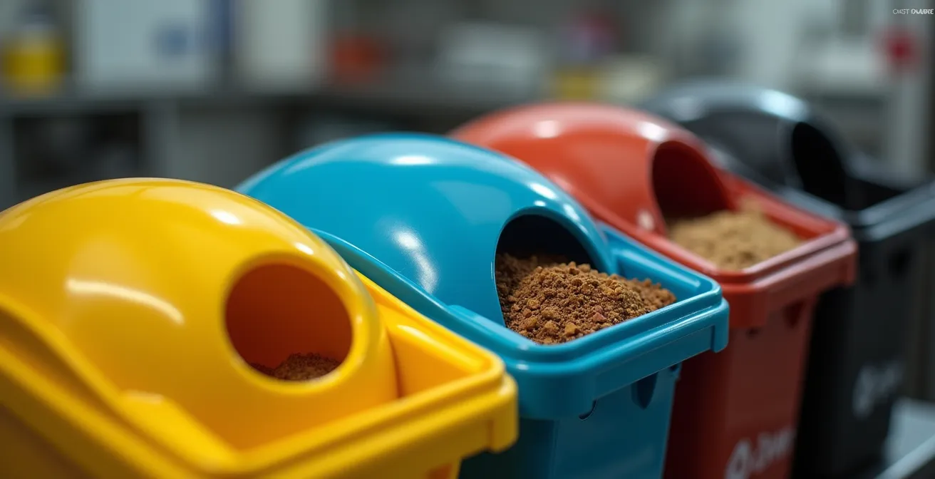 Moderne Büroküche mit farbcodierten Abfallbehältern und Recycling-Stationen