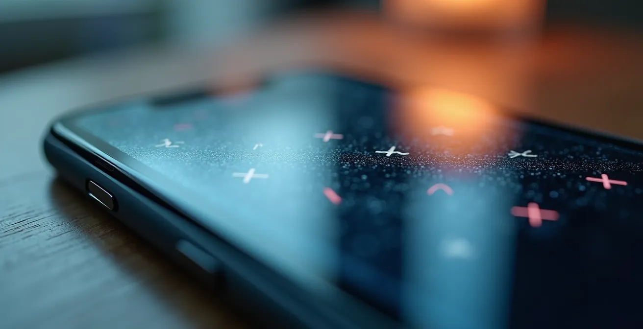 Makroaufnahme eines Smartphones mit verschwommenen Faktencheck-Symbolen