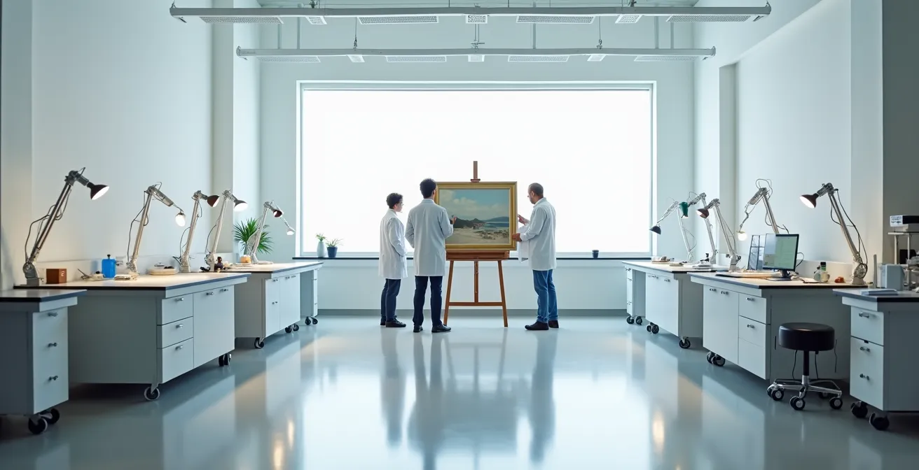 Restauratorenteam bei der gemeinsamen Begutachtung eines historischen Gemäldes