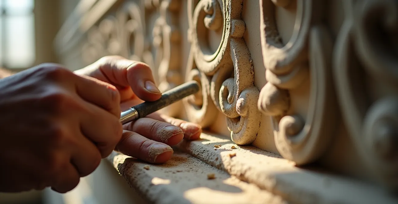 Handwerker bei der Restaurierung historischer Stuckdetails