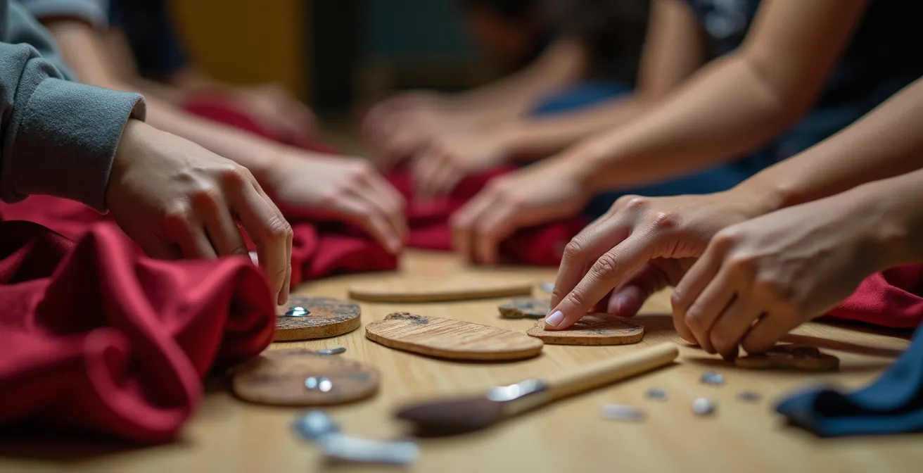 Studierende nehmen an einem interaktiven Theater-Workshop in einem modernen Proberaum teil, was das kreative Lernen betont.