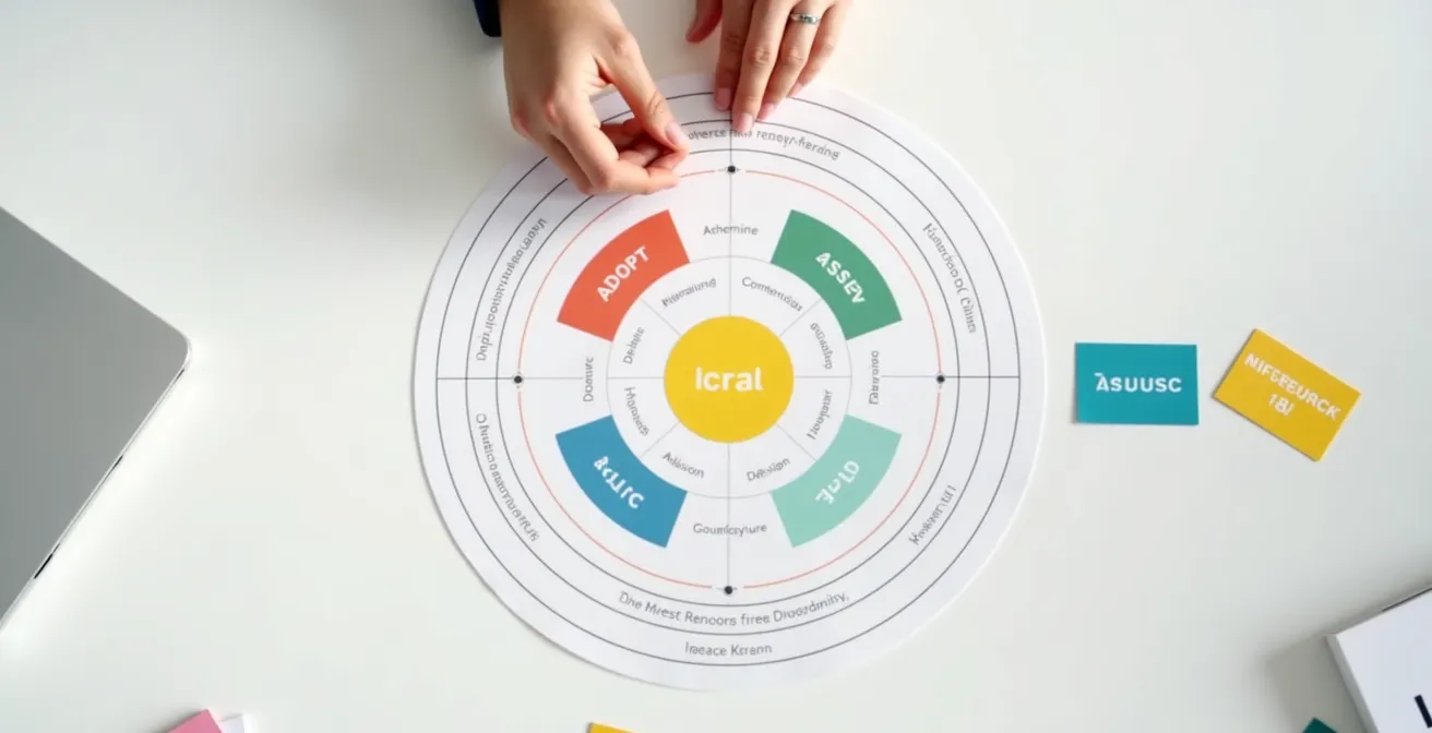 Abstraktes Technologie-Radar mit konzentrischen Kreisen und Datenpunkten