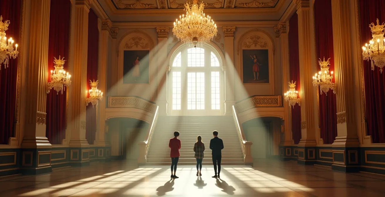 Kontrast zwischen einem prunkvollen, historischen Theaterfoyer und jungen Menschen in moderner Kleidung, die sich sichtlich unwohl fühlen.