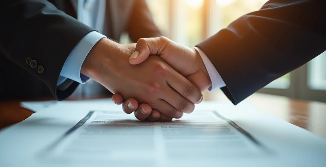 Detailaufnahme einer Vertragsverhandlung mit Fokus auf Händedruck