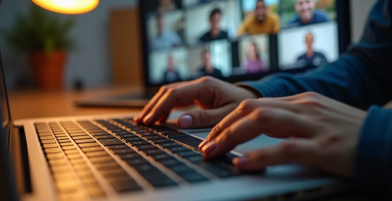 Eine Person tippt auf einer Laptop-Tastatur während einer Videokonferenz mit einer Lerngruppe.