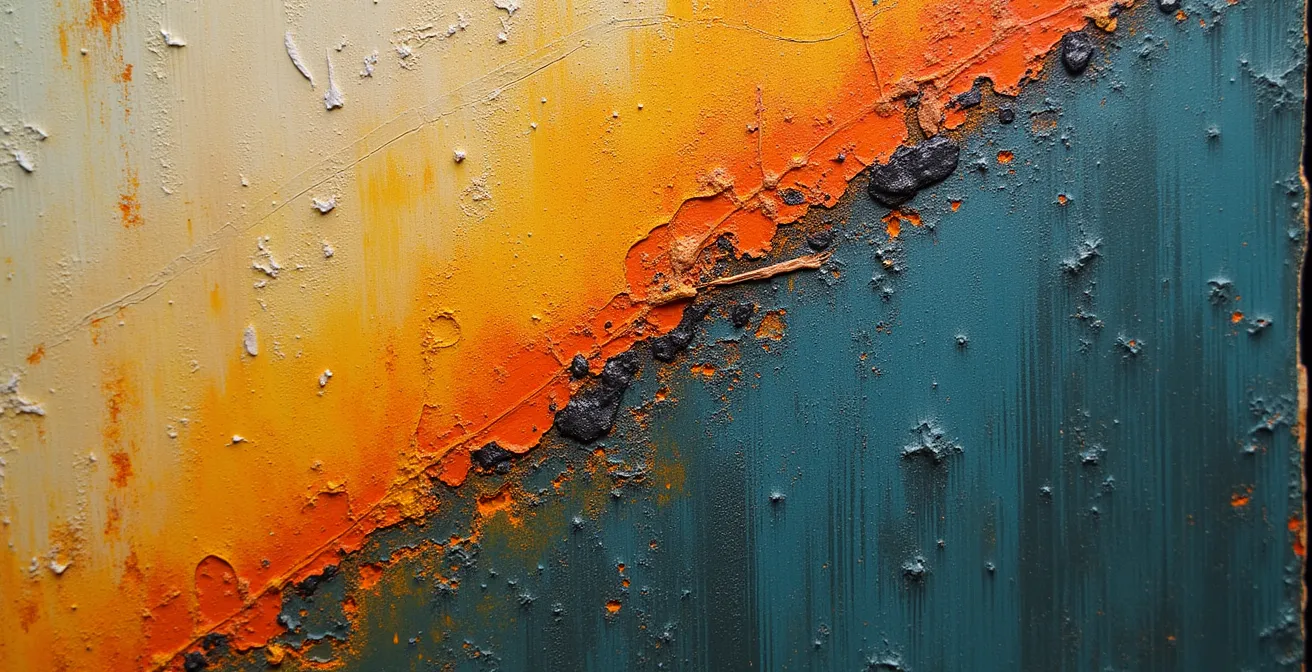 Detailaufnahme einer beschädigten Gemäldeoberfläche mit unsachgemässer Übermalung