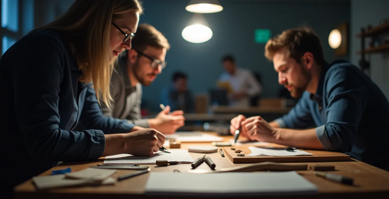 Kreativ-Workshop mit Teilnehmern beim gemeinsamen Lernen traditioneller Handwerkstechniken