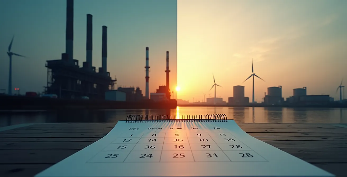 Zeitstrahl mit wichtigen Meilensteinen zur Klimaneutralität 2045 für deutsche Unternehmen